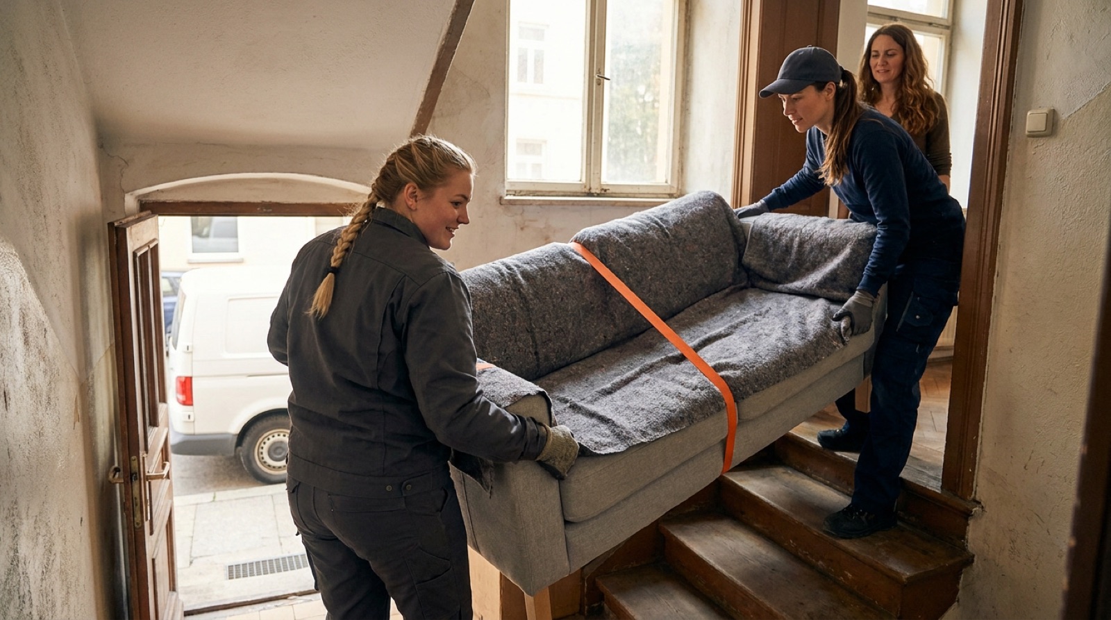 Zwei Träger tragen beim Möbeltransport Ingolstadt ein graues Sofa sicher durch ein Treppenhaus.