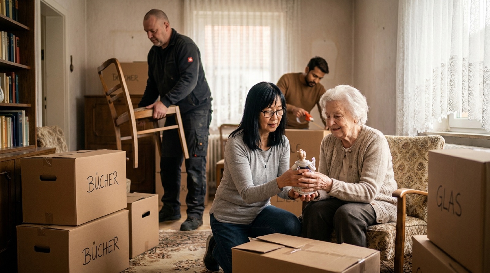 Seniorenumzug mit Helfern: Umzugshelferin betreut freundlich eine Seniorin beim Verpacken in heller Wohnung
