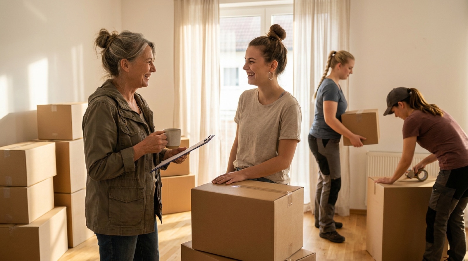 Entspanntes Paar mit Umzug Checkliste vor gepackten Kartons in heller Wohnung im Raum Ingolstadt