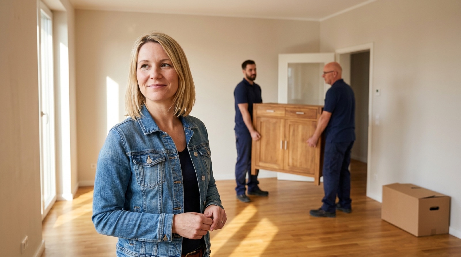 Erleichterte Seniorin in leerer sauberer Wohnung nach Entrümpelung Eichstätt, Helfer tragen erhaltenes Holzmöbel