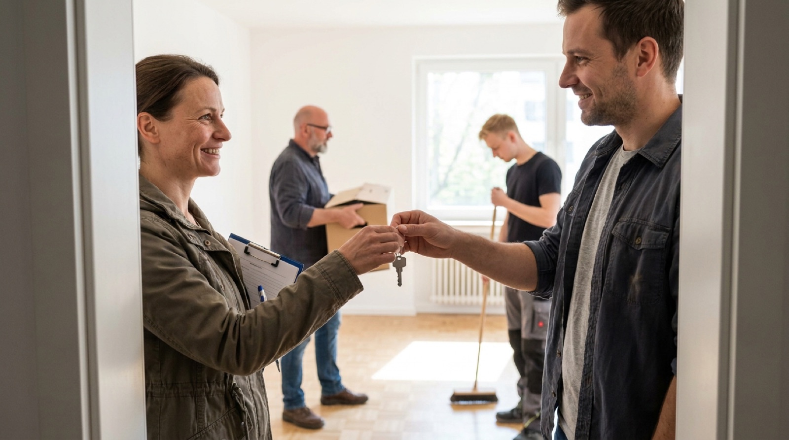Wohnungsübergabe Checkliste in der Praxis: Schlüsselübergabe in besenrein geräumter Wohnung mit Übergabeprotokoll